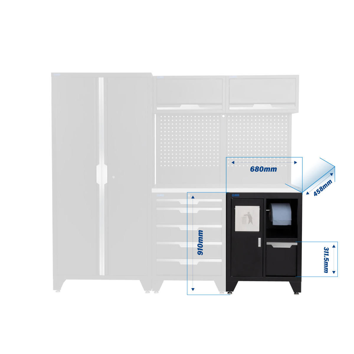 SGS 7pc Modular Garage Storage | 5 Drawers | Stainless Steel Worktop | Bin Unit | 2x Upper Cabinets | Tall Double Cabinet